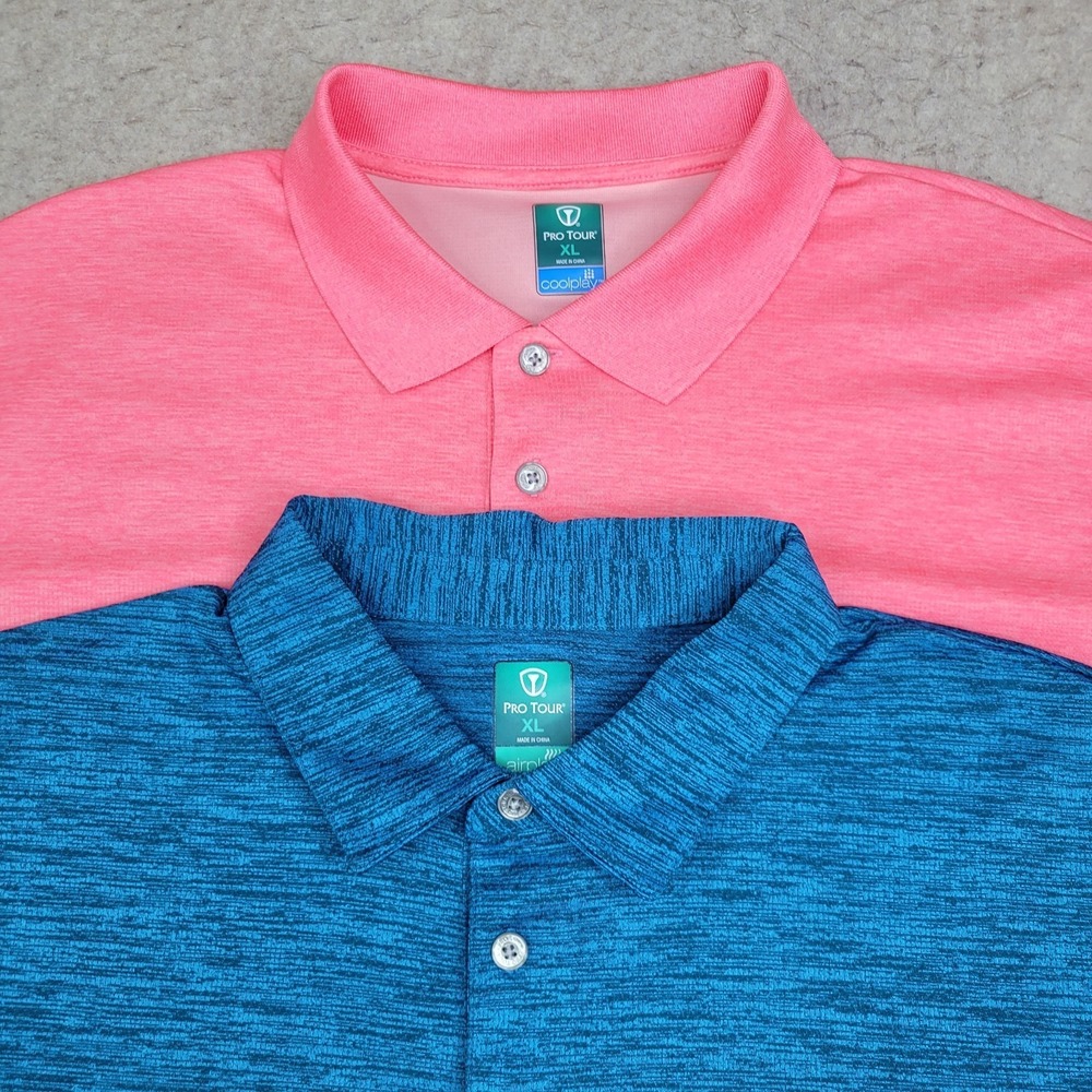 Lot of 2 Pro Tour Golf Polo Shirts Mens XL Blue Pink Short Sleeve Cool Play Wick